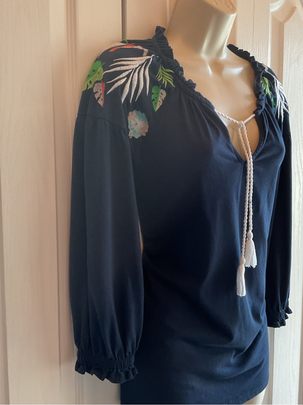 Charter Club Navy Embroidered Peasant Tunic with Tassel Tie
